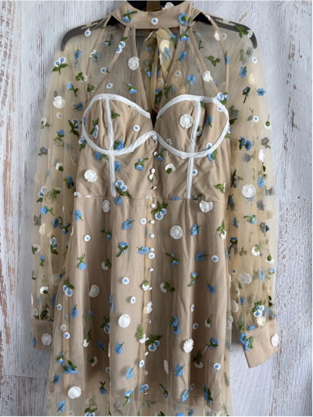 Women's VICI Beige Blue Floral Long Sleeve Dress XL